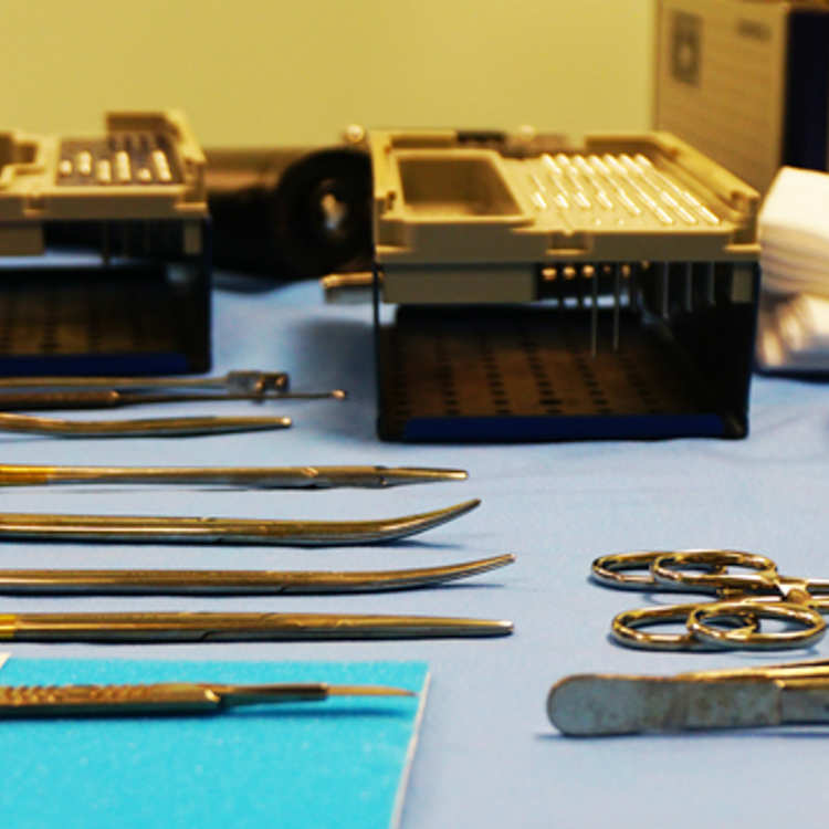 Surgical instruments are laid out in neat rows on a trolley ready for the next procedure