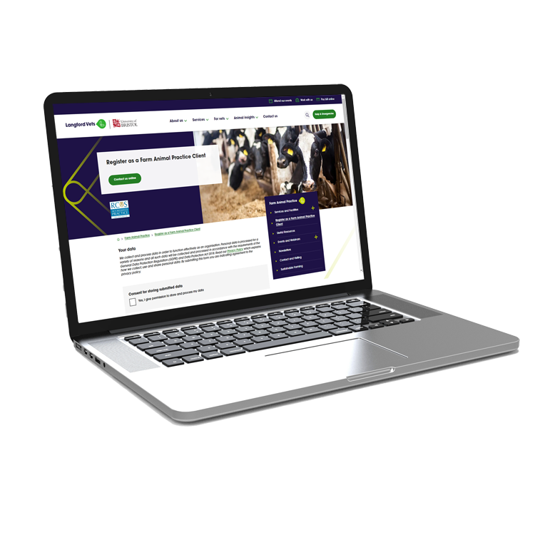 An open laptop, the screen displays the Farm Animal Practice website