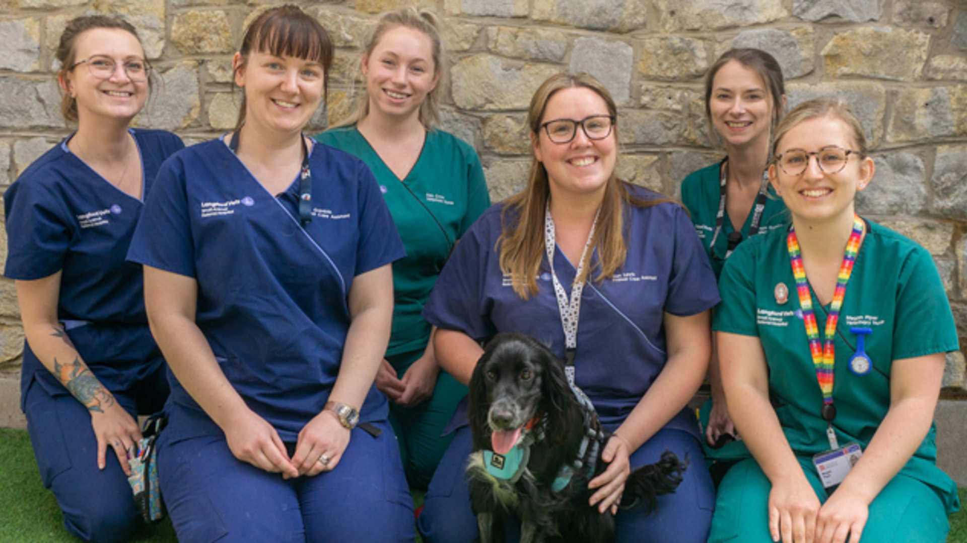 A group of smiling vet nurses sit with a small dog in an outdoor relaxtion area.